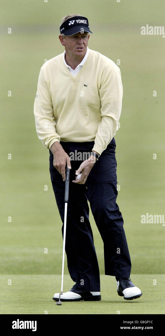 Scotland's Colin Montgomerie looks unhappy after dropping a shot on the first hole during the first round. Stock Photo