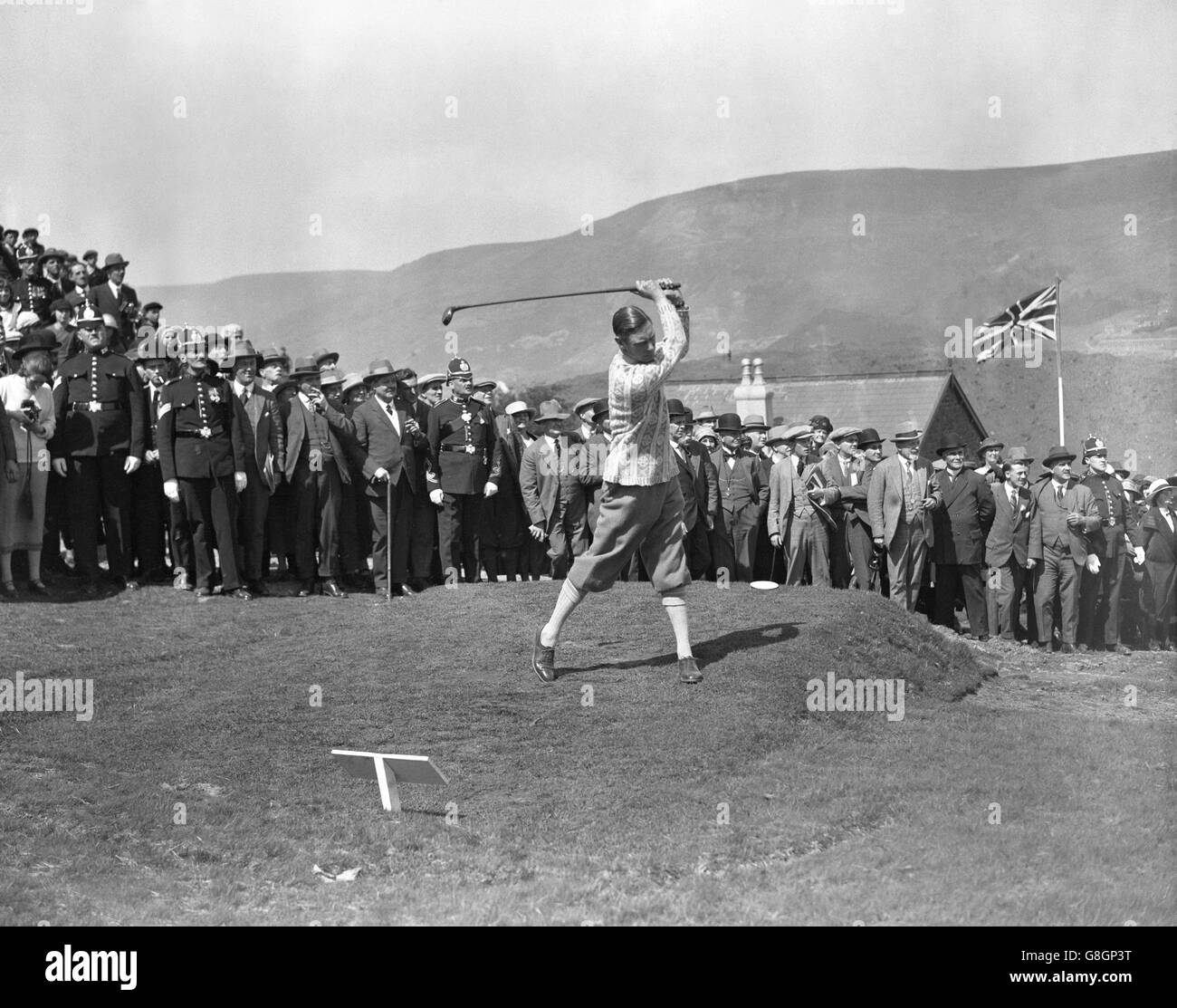 The Duke of York's tee's off during his golf match with Frank Hodges MP (not pictured) at Ton Pentre in South Wales. Stock Photo