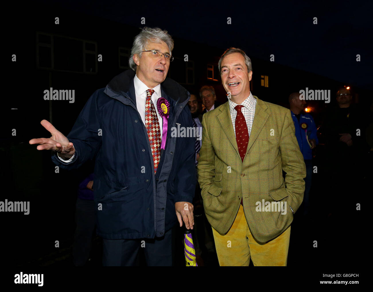 John Bickley (left) Ukip candidate for Oldham West and Royton talks to Ukip Leader Nigel Farage before a visit to a local polling station during the final few hours of voting in today's by-election. Stock Photo