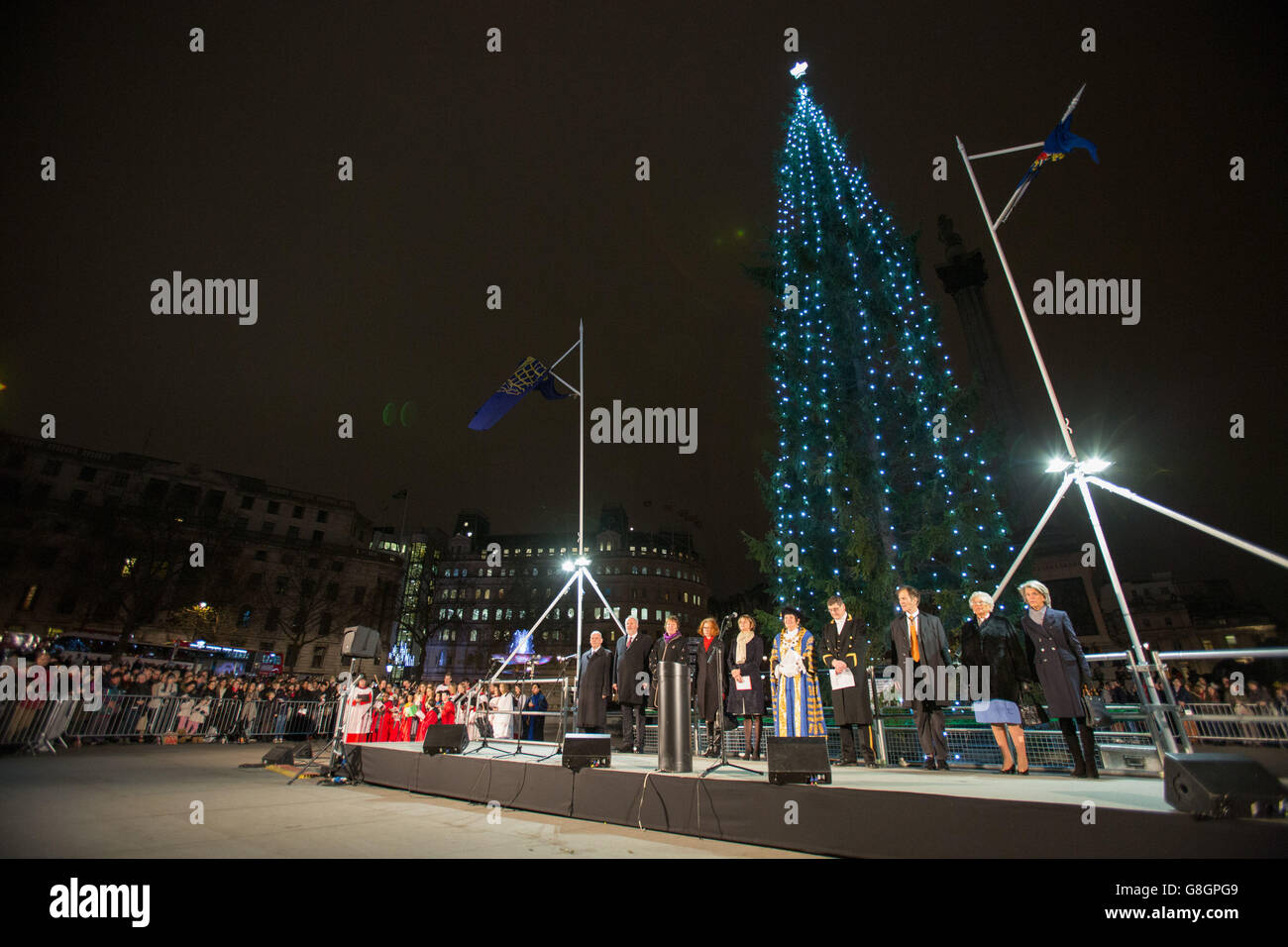 The lights on the Trafalgar Square Christmas tree are switched on during a ceremony in Trafalgar