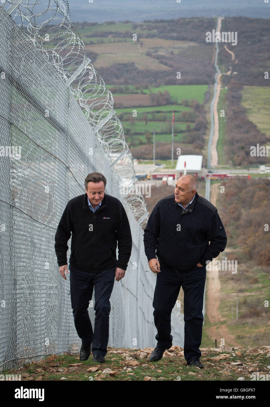 Prime Minister David Cameron (left) and Bulgarian Prime Minister Boyko Borissov visit Bulgaria's border with Turkey near the Lesovo crossing point, where they saw the enhanced efforts to secure the European Union's external frontiers. Stock Photo