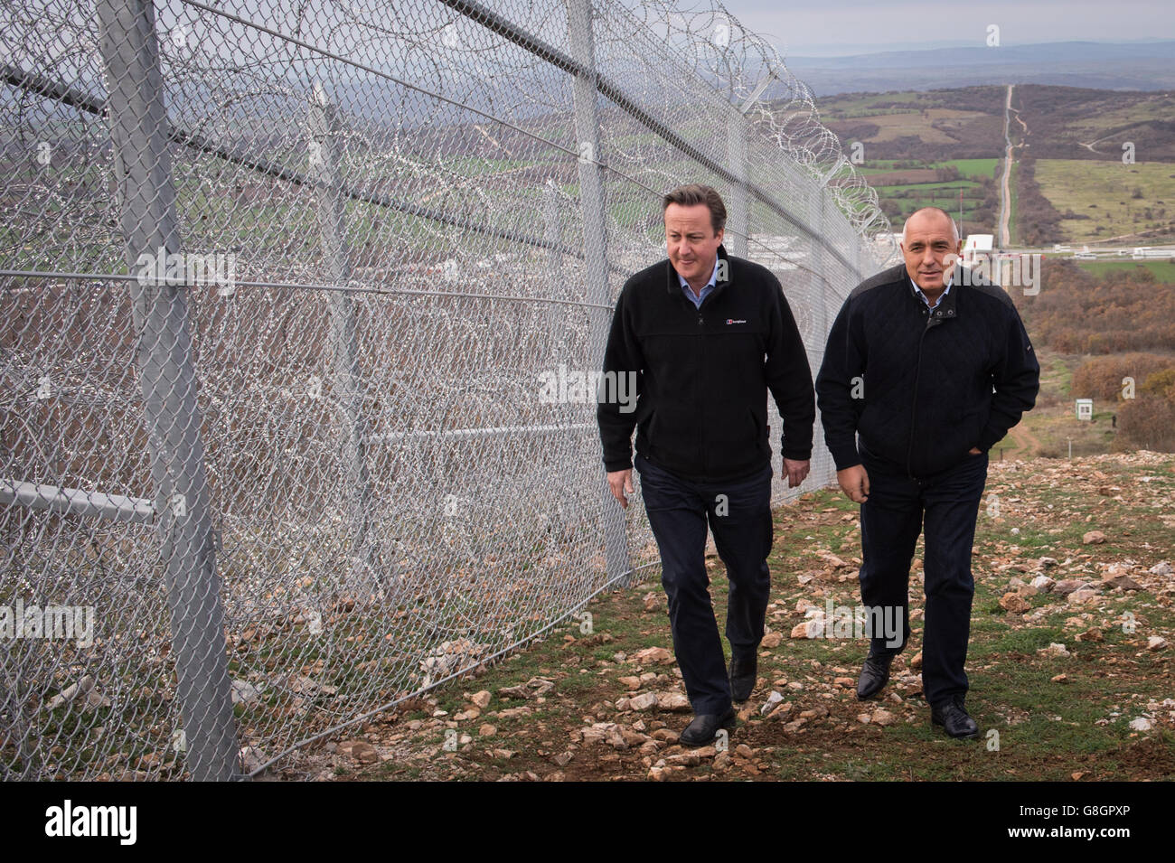 Prime Minister David Cameron (left) and Bulgarian Prime Minister Boyko Borissov visit Bulgaria's border with Turkey near the Lesovo crossing point, where they saw the enhanced efforts to secure the European Union's external frontiers. Stock Photo