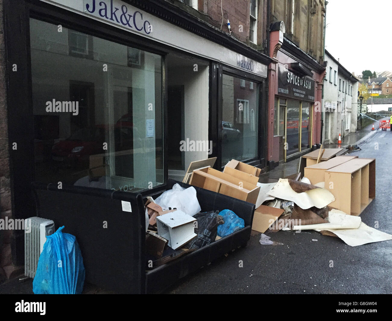 Flood damage in Bridge Street, Appleby-in-Westmorland, in south Cumbria, as shop owners in the first town to be affected by the weekend floods have spoken of their devastation. Stock Photo