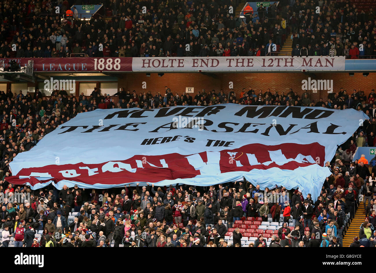 Aston Villa v Arsenal - Barclays Premier League - Villa Park. Aston Villa fans hold up a banner at the Holte End Stock Photo