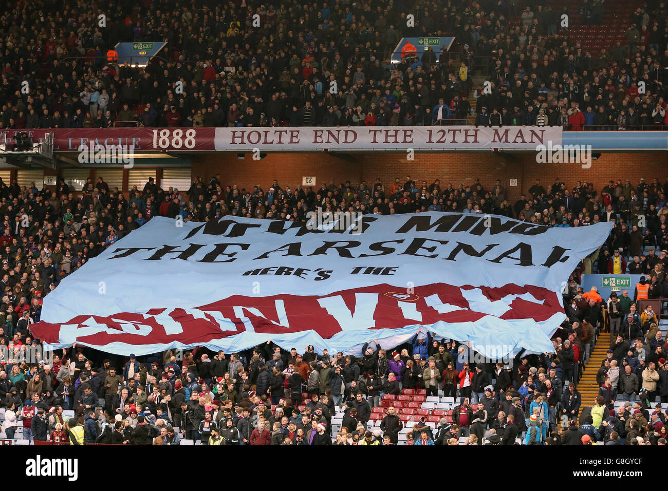 Aston Villa v Arsenal - Barclays Premier League - Villa Park. Aston Villa fans hold up a banner at the Holte End Stock Photo