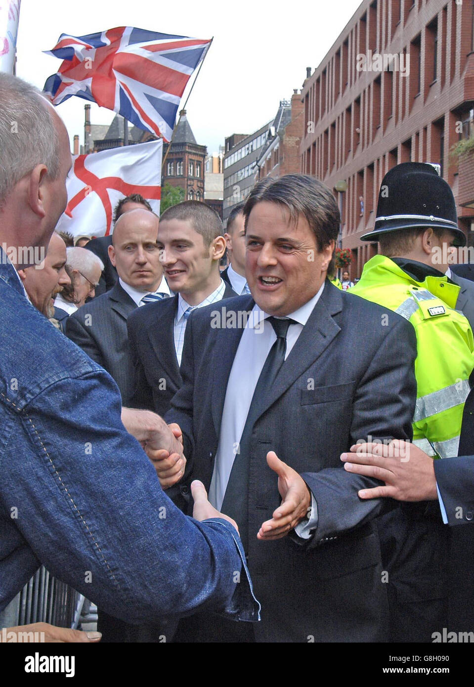 BNP Leader Nick Griffin leaves court. Griffin pleaded not guilty to four race hate charges arising out of an undercover documentary about the party. Griffin appeared alongside party activist Mark Collett, who denies eight similar charges. Both men were charged following a police investigation stemming from the broadcast of the BBC Secret Agent programme. Stock Photo