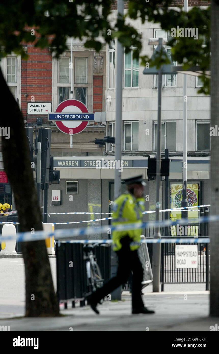 Police seal off the area around London's Warren Street tube station. Stock Photo