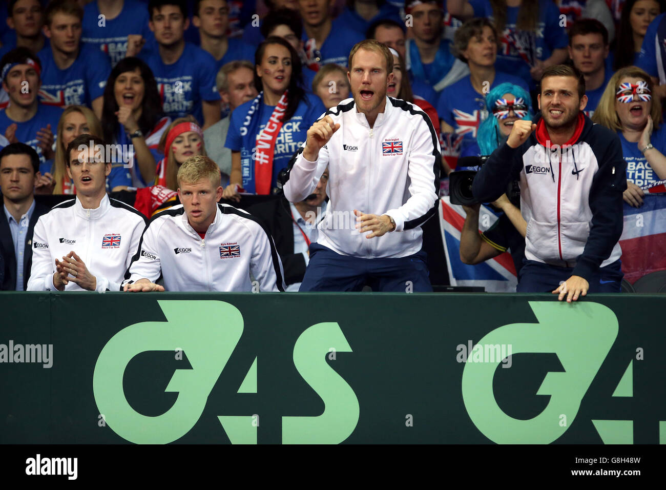 Great Britain's (left - right) Jamie Murray, Kyle Edmund, Dominic Inglot and Dan Evans give their support to Andy Murray during day three of the Davis Cup Final at the Flanders Expo Centre, Ghent. Stock Photo