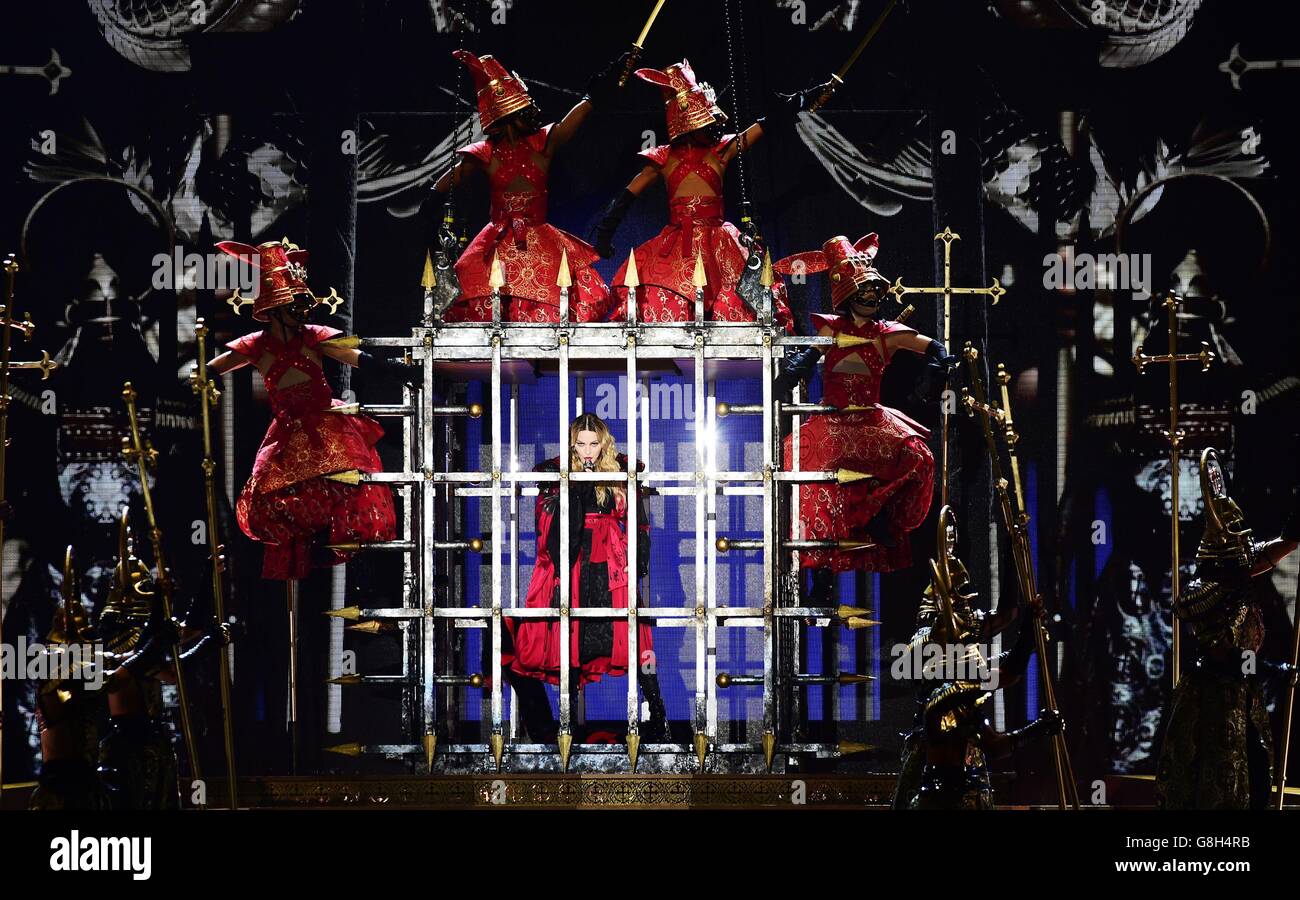Madonna performing on stage during her Rebel Heart tour at the O2 Arena ...