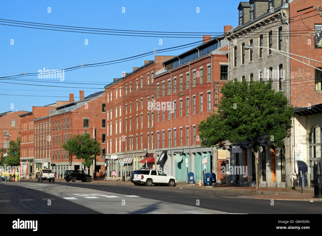 Gentrified factories along Commercial Street, Portland, Maine, USA Stock Photo
