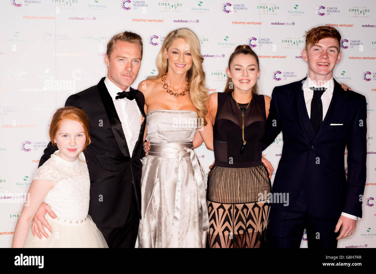 L-R Ali Keating, Ronan & Storm Keating, Missy Keating and Jack Keating. arrive at the 10th annual Emeralds and Ivy Ball at Supernova in Victoria Embankment Gardens, raising money for the Marie Keating Foundation and Cancer Research UK. PRESS ASSOCIATION Photo. Picture date: Saturday December 05, 2015. Photo credit should read: David Parry/PA Wire Stock Photo