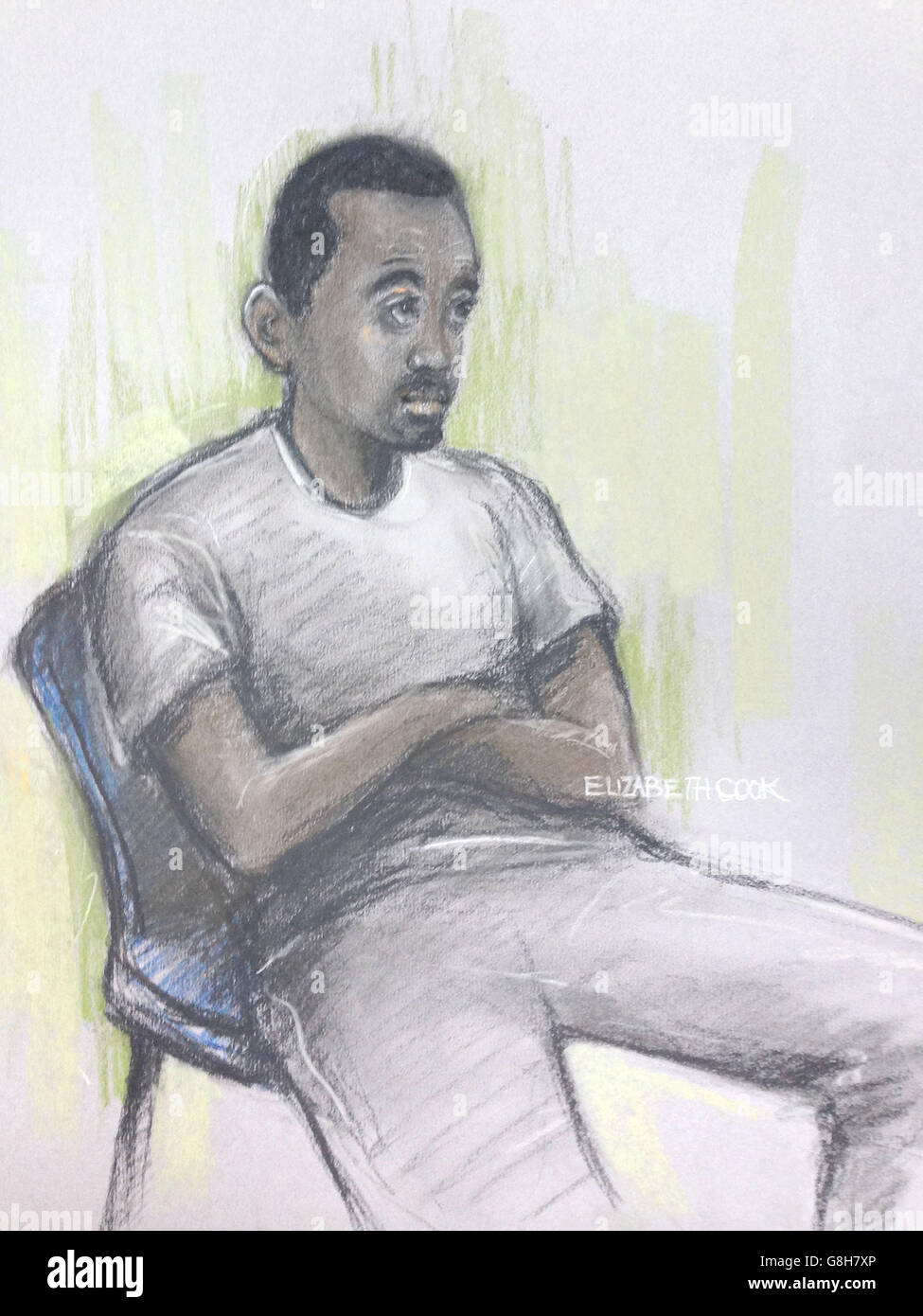 Court artist sketch by Elizabeth Cook of Muhaydin Mire appearing at Westminster Magistrates' Court, London, he has been charged with the attempted murder of a 56-year-old man. Stock Photo