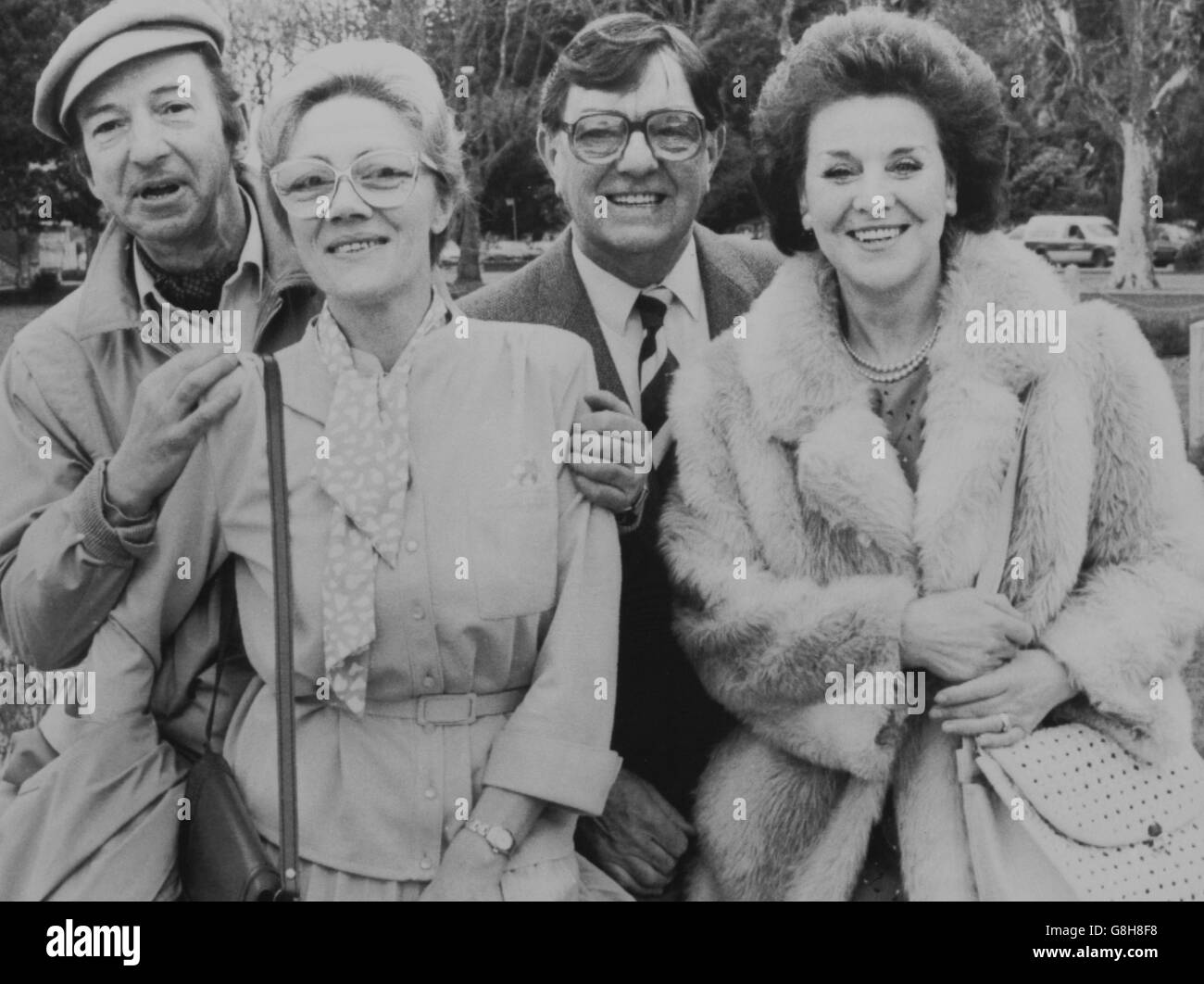 Brookside's grumpy moaner Harry Cross (second right) and his lodger Ralph (Actors Bill Dean and Ray Dunbobbin) are caught in Torquay during a naughty weekend away with merry widows Julia Grogan (l) and Madge Richmond (Actresses Gladys Ambrose and Shirley Stelfox) as Channel Four's soap opera filmed an episode on Torquay seafront. *FOR UK PROVINCIAL USE ONLY - ALL TV OUT Stock Photo