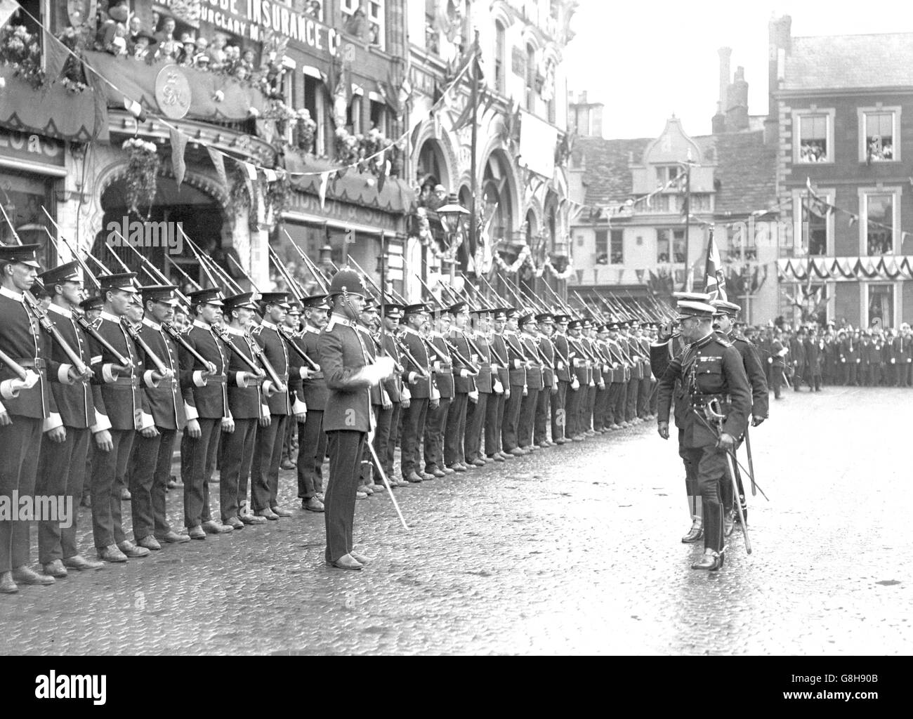 King George V inspecting police during his visit to Northampton. Exact date unknown. Stock Photo