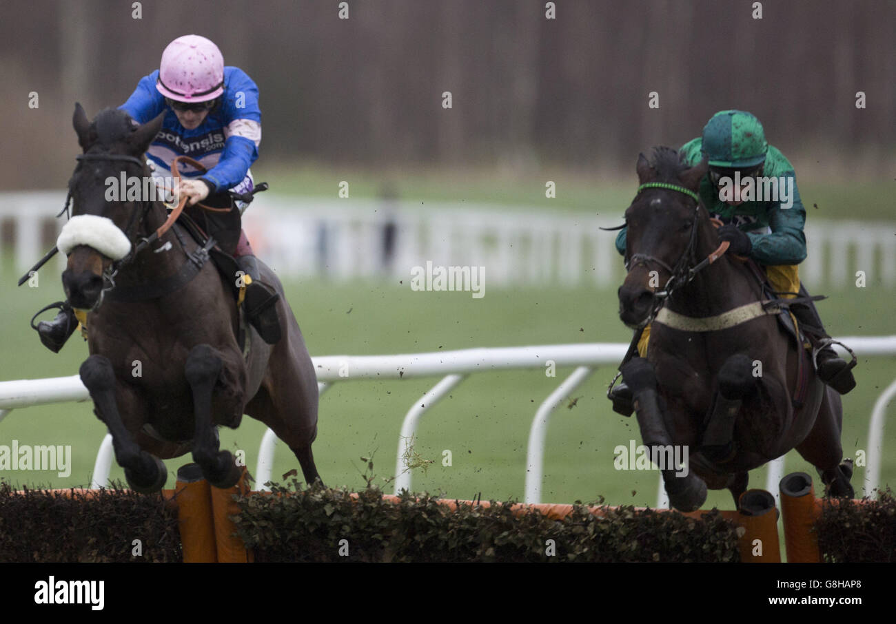 Sceau Royal ridden by Daryl Jacob (right) trails Adrien Du Pont ridden by Sam Twiston-Davies over the last flight before going on to win The JCB Triumph Hurdle Trial Race run during day two of The International at Cheltenham Racecourse. Stock Photo