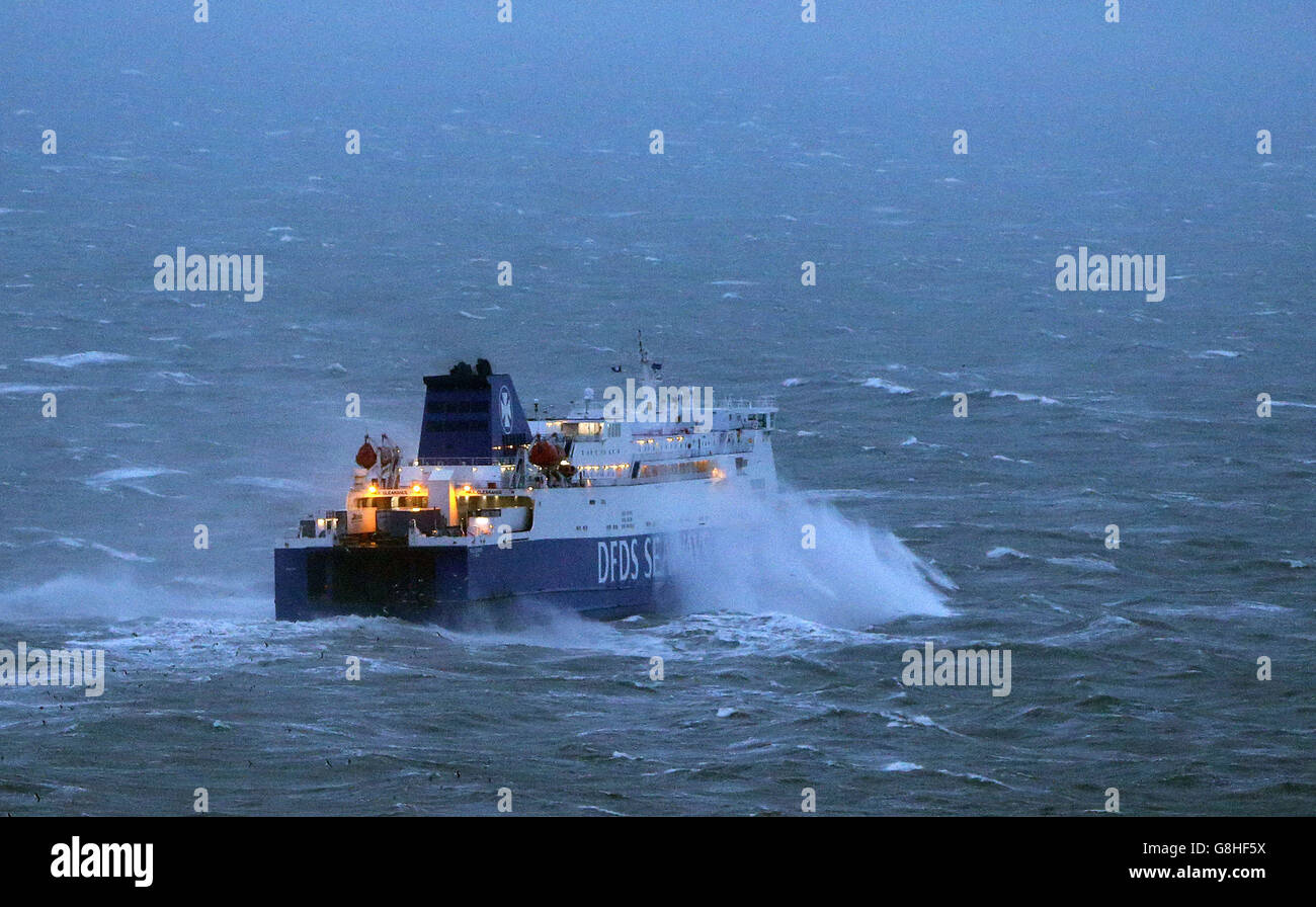 A DFDS Seaways ferry is hit by a wave as she leaves the Port of Dover