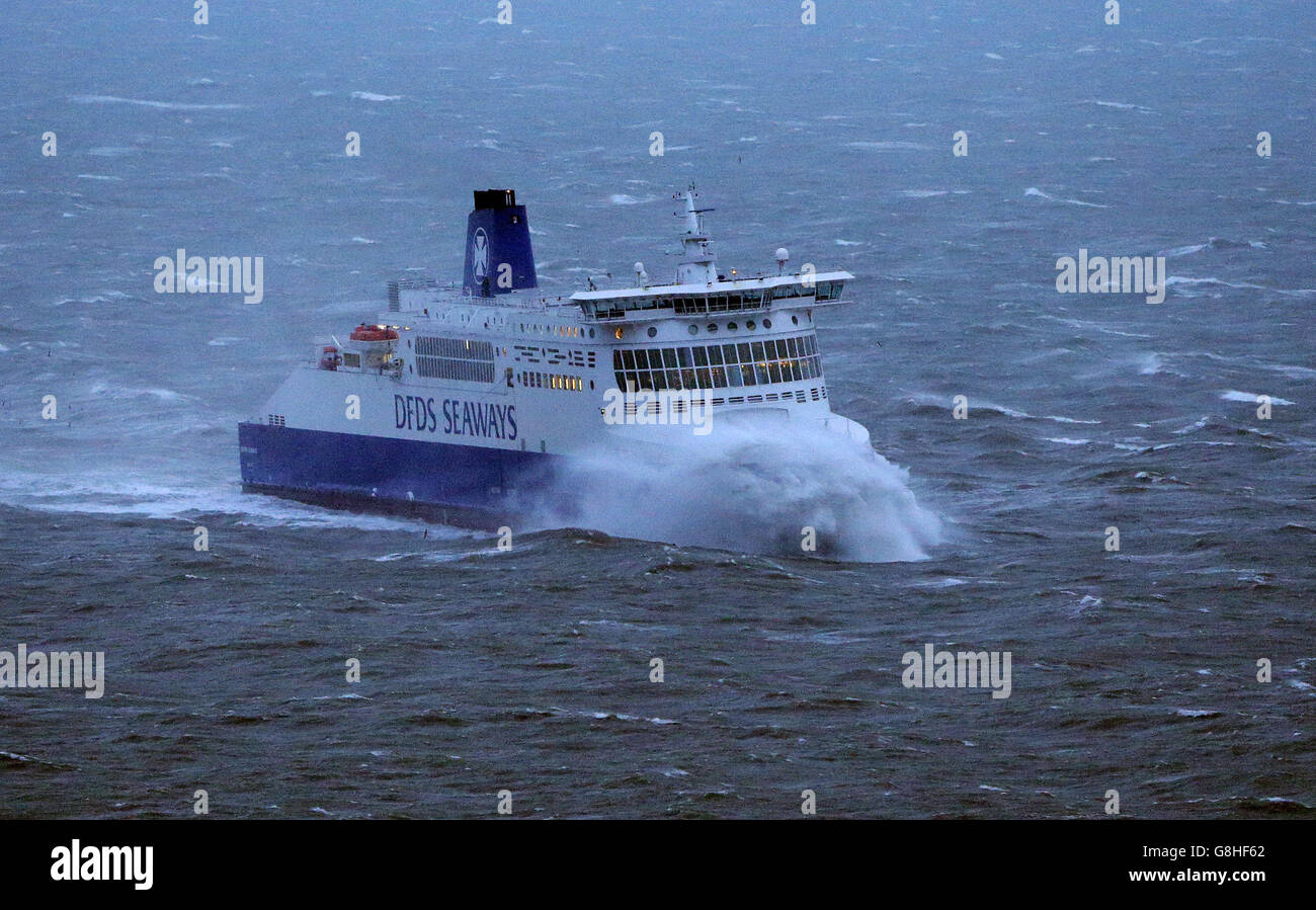 A DFDS Seaways ferry arrives at the Port of Dover in Kent as gale force