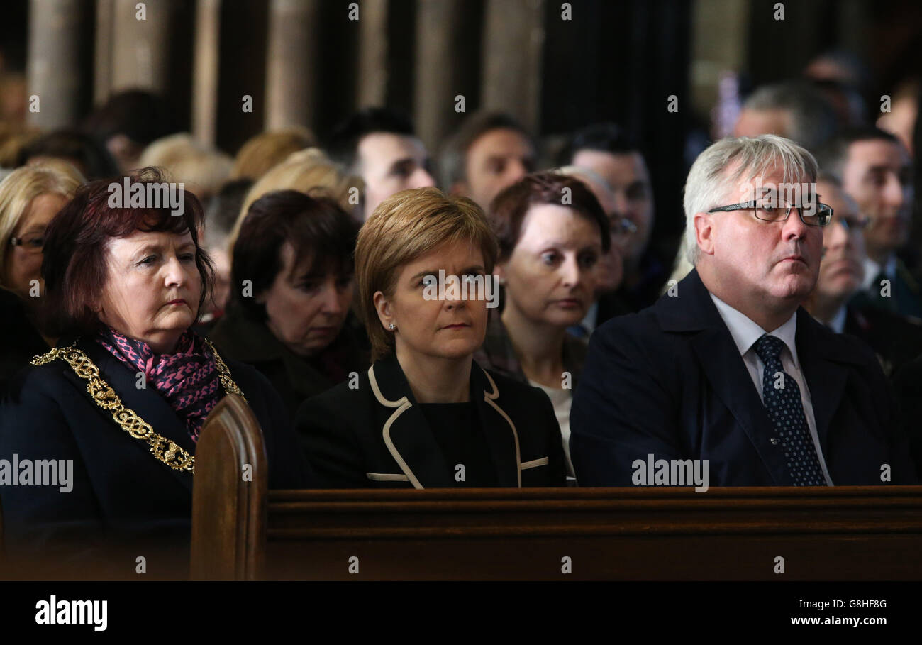 (Left to right) Glasgow Lord Provost Sadie Docherty, First Minister Nicola Sturgeon and Glasgow City Council leader Frank McAveety attend a special service to mark the anniversary of the Glasgow bin lorry crash at Glasgow Cathedral. Stock Photo