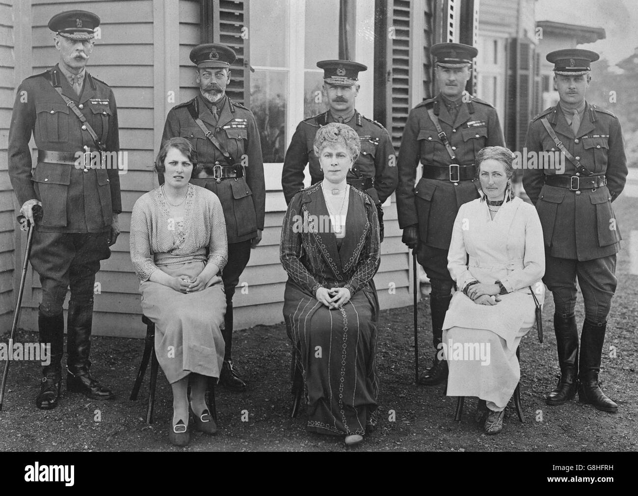 A Royal house party at Aldershot. Standing: (l-r) The Hon. Sir Derek Keppel, King George V, the Earl of Cavan, Colonel Clive Wigram and Major R Seymour. Front: Lady Mary Cambridge, Queen Mary and Lady Mary Trefusis. Stock Photo