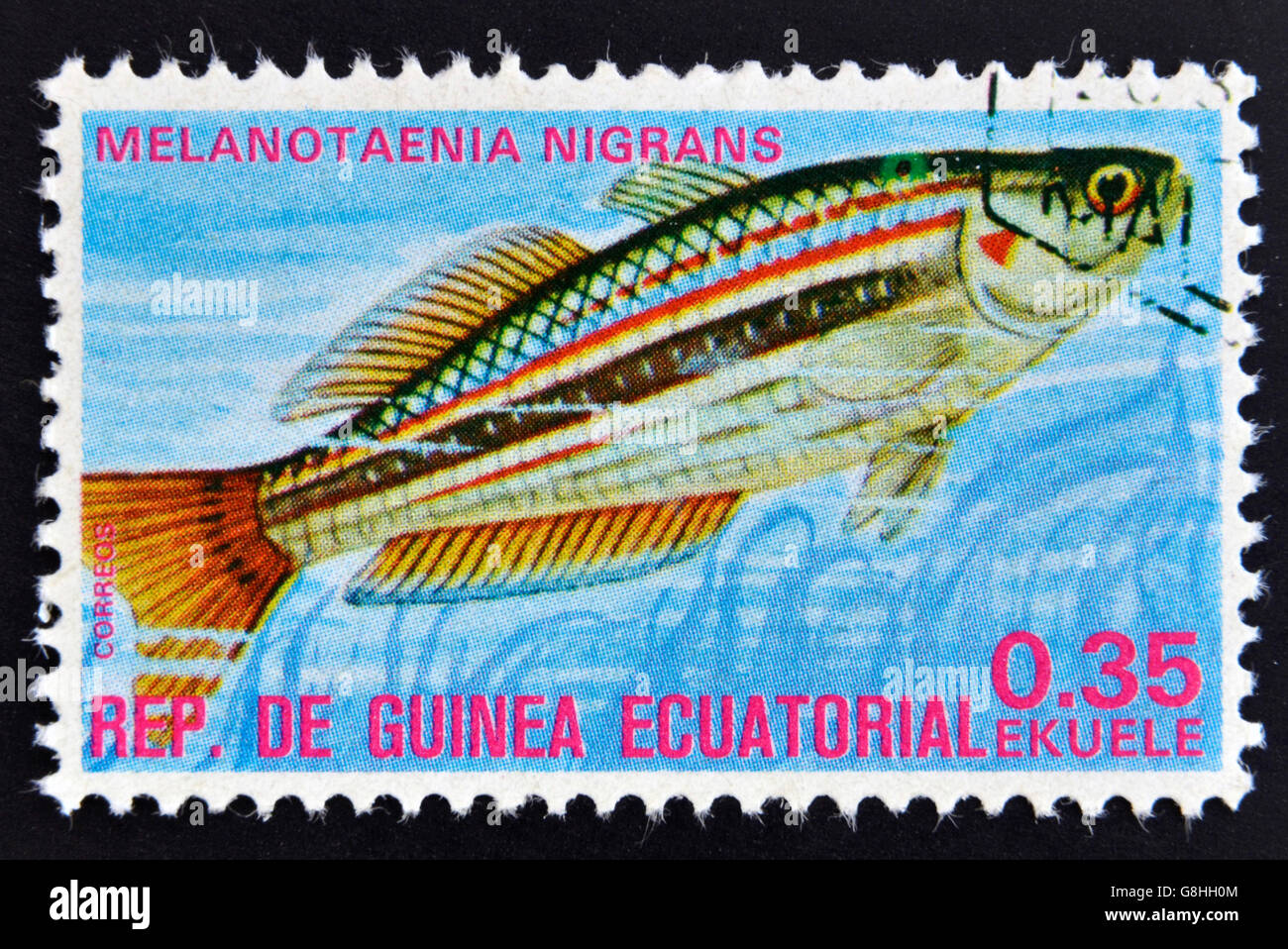 EQUATORIAL GUINEA - CIRCA 1974: A stamp printed in Guinea Ecuatorial dedicated to exotic fish shows melanotaenia nigrans, circa Stock Photo