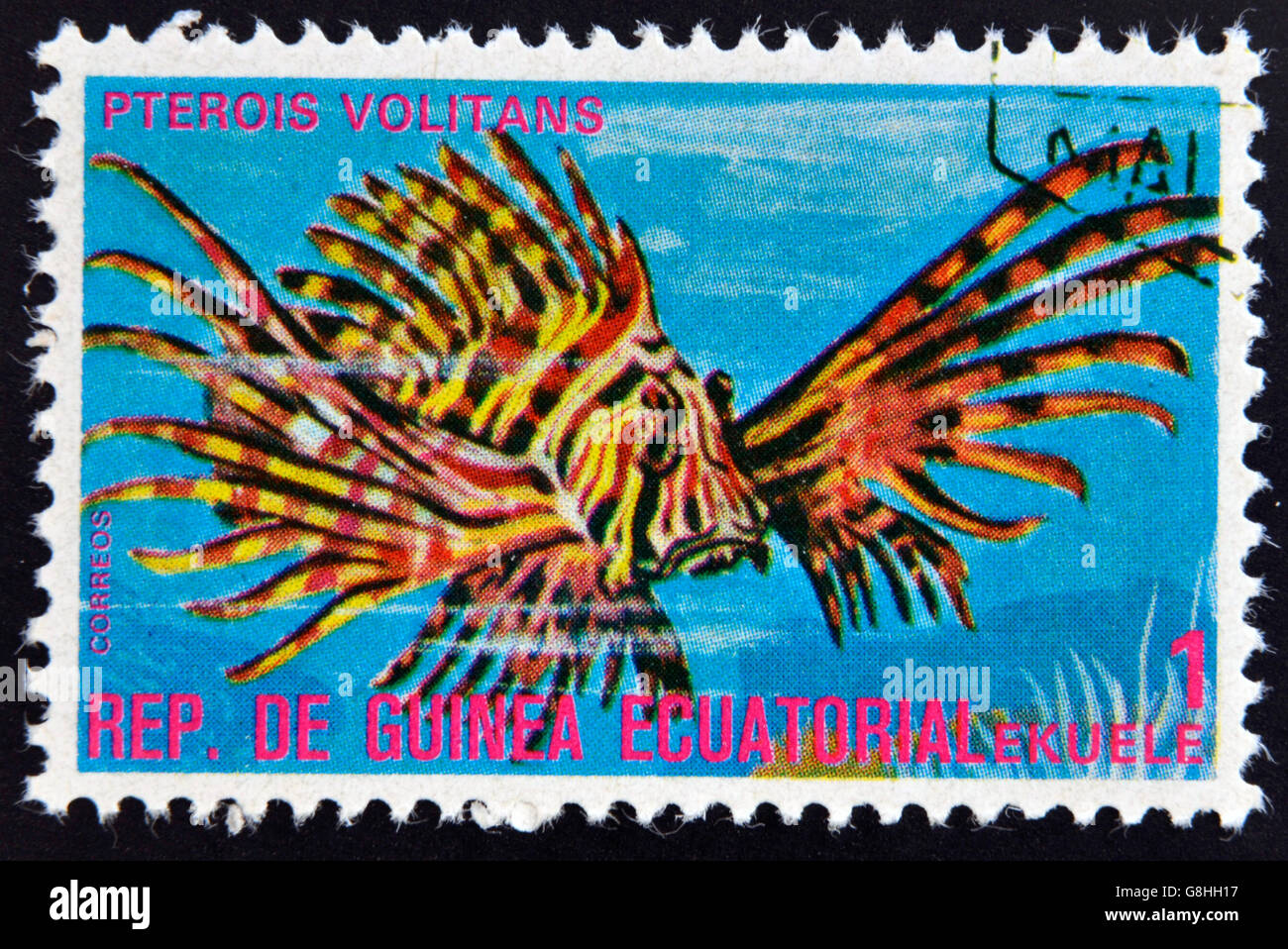 EQUATORIAL GUINEA - CIRCA 1974: A stamp printed in Guinea Ecuatorial dedicated to exotic fish shows pterois volitans, circa 1974 Stock Photo