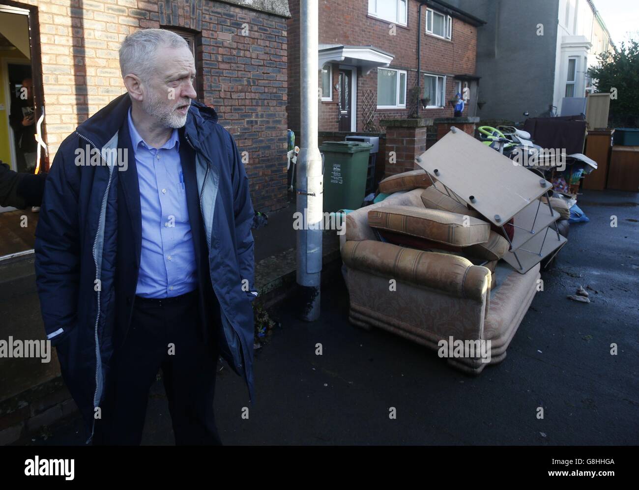 Labour leader Jeremy Corbyn in Carlisle, Cumbria, as he visits flood damaged areas. Stock Photo