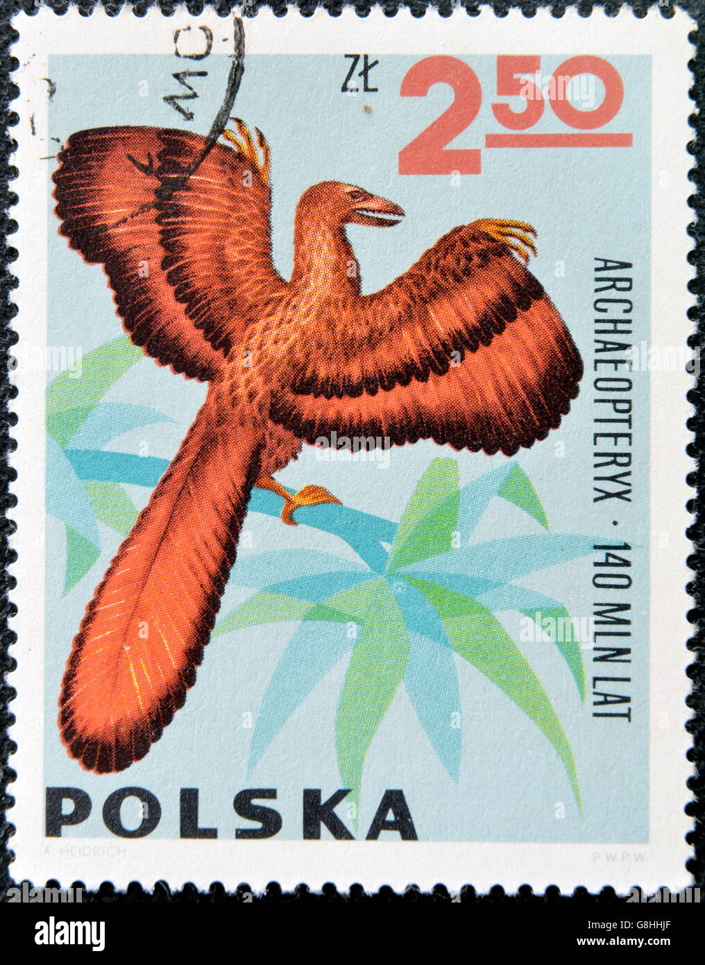 POLAND - CIRCA 1966: A stamp printed in Poland shows Archaeopteryx  from the series  Dinosaurs, Prehistoric Vertebrates, circa 1 Stock Photo