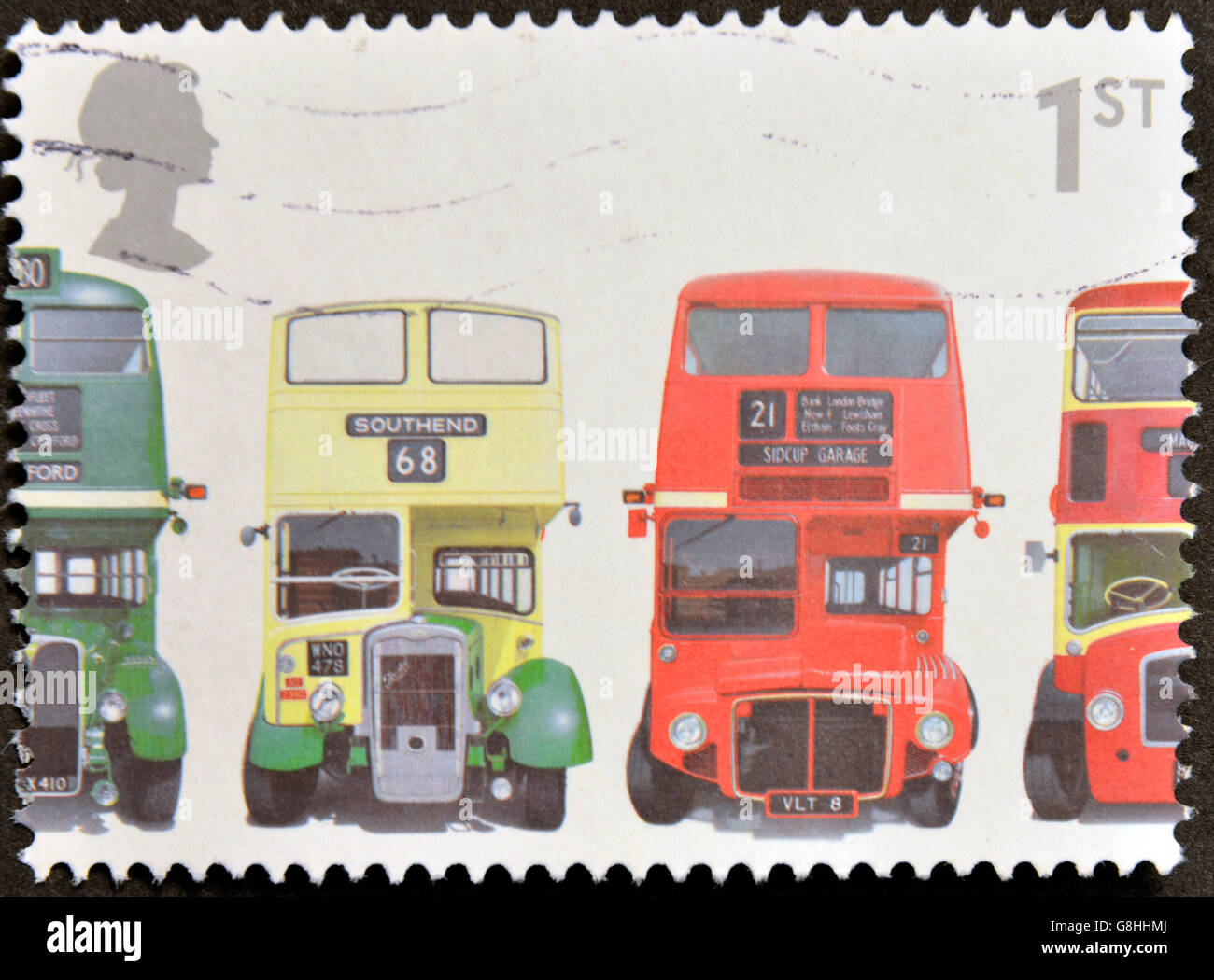 UNITED KINGDOM - CIRCA 2001: A stamp printed in Great Britain shows AEC Regent III RT Type, Bristol KSW5G Open-top, AEC Routemas Stock Photo