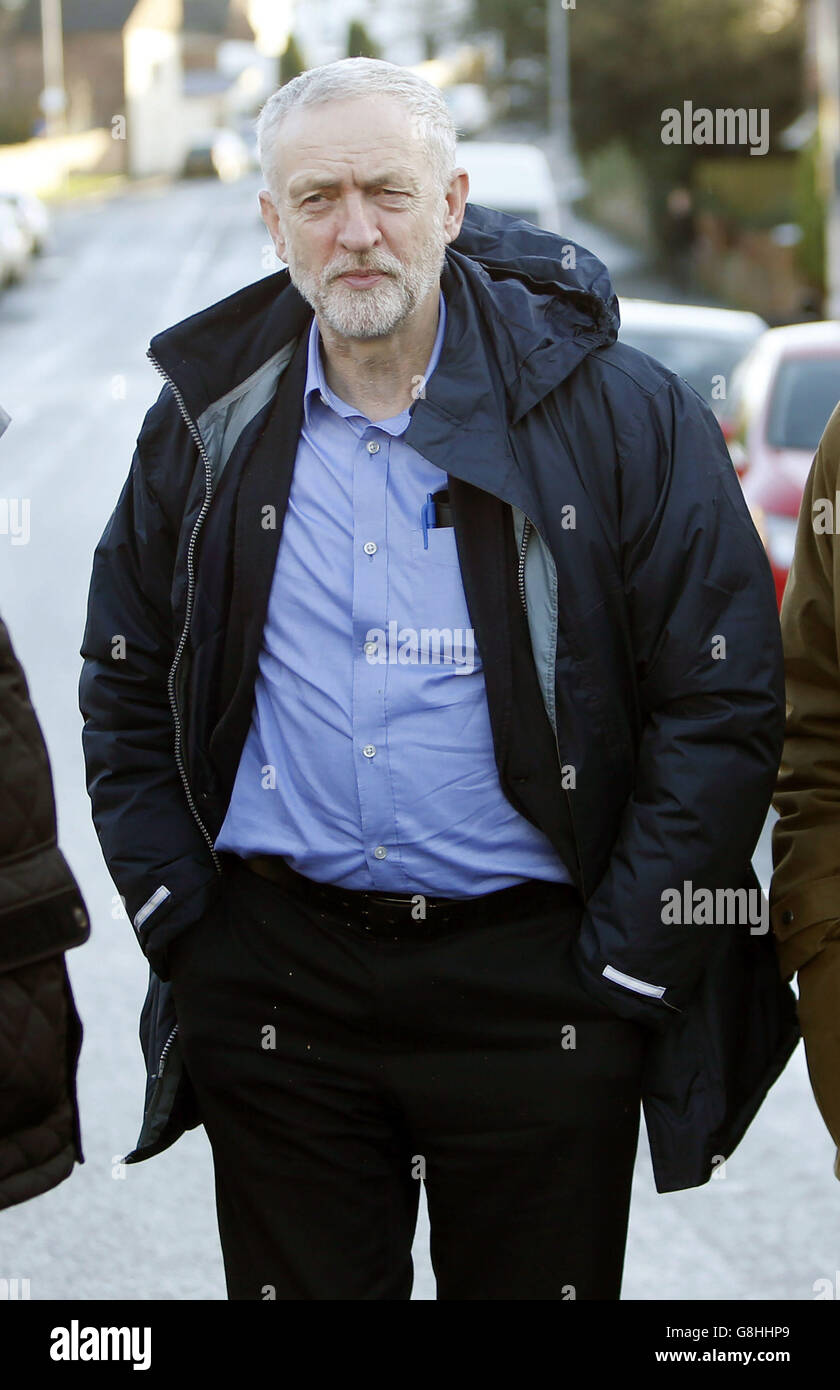 Labour leader Jeremy Corbyn visits a flood-damaged area of Carlisle, Cumbria. Stock Photo
