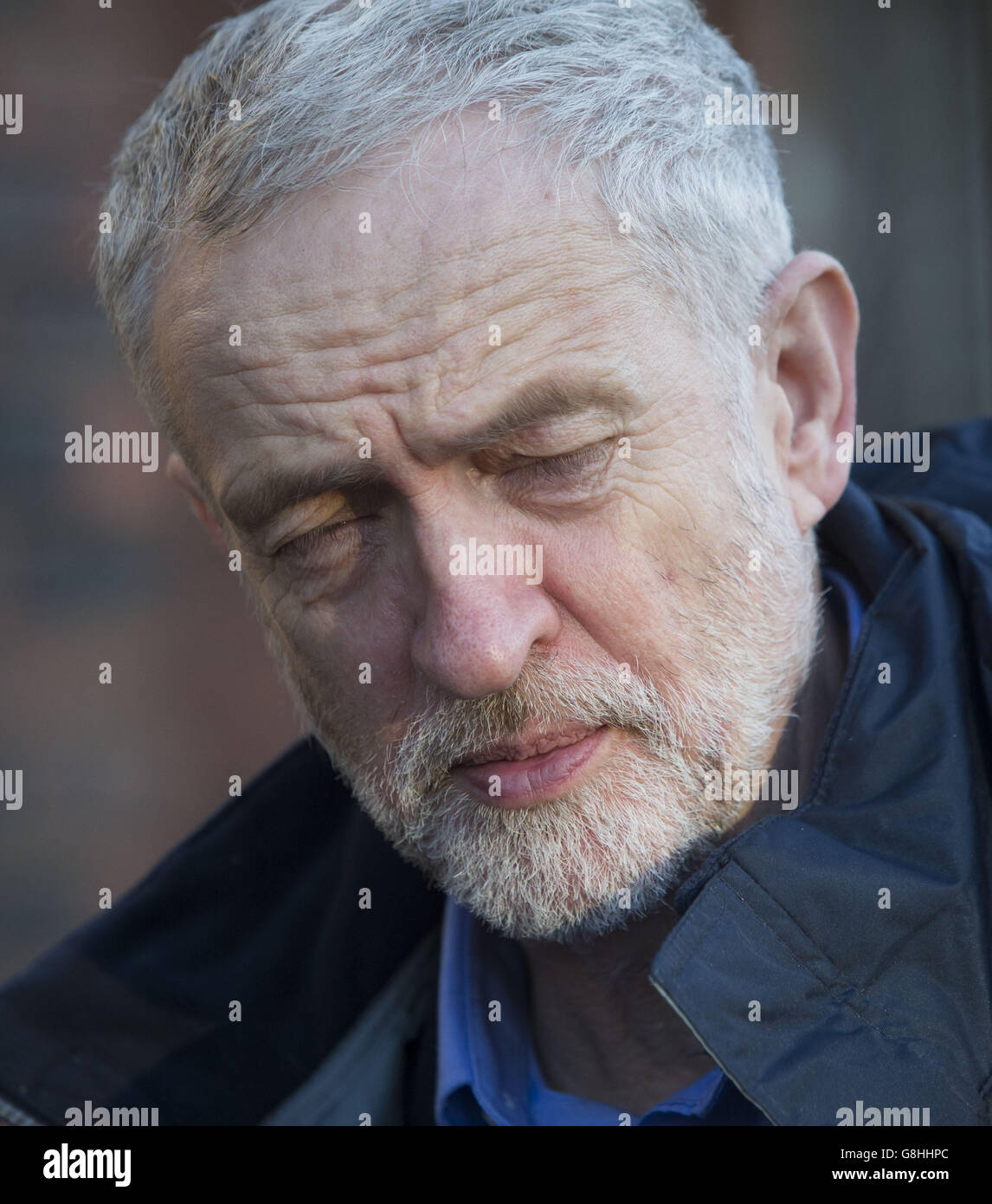 Labour leader Jeremy Corbyn visits a flood-damaged area of Carlisle, Cumbria. Stock Photo