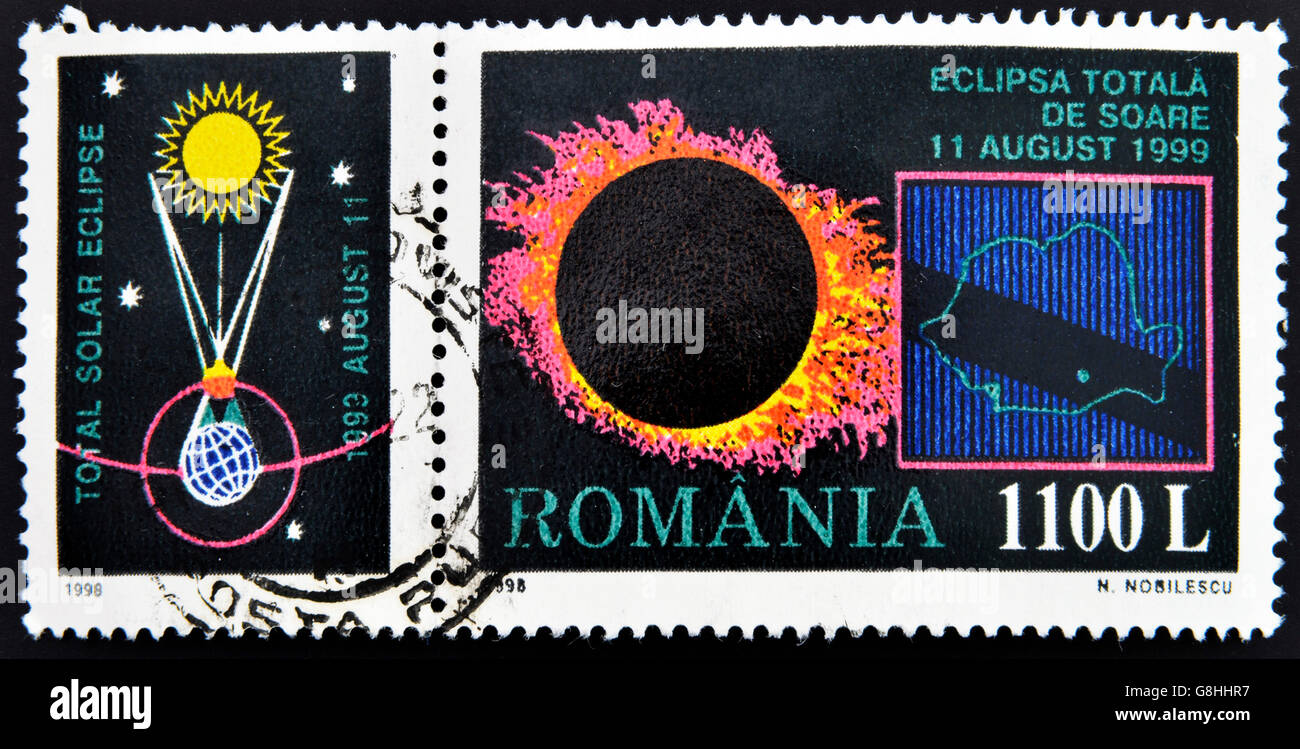 ROMANIA - CIRCA 1998: A stamp printed in Romania shows Total Eclipse of the Sun, circa 1998 Stock Photo