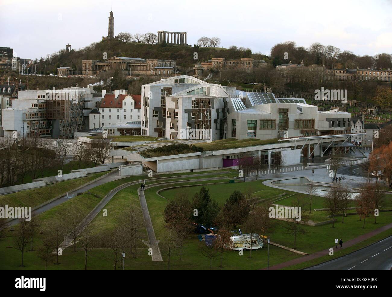 The nationalists 'Independence Camp' within the grounds of the Scottish Parliament in Edinburgh. Stock Photo