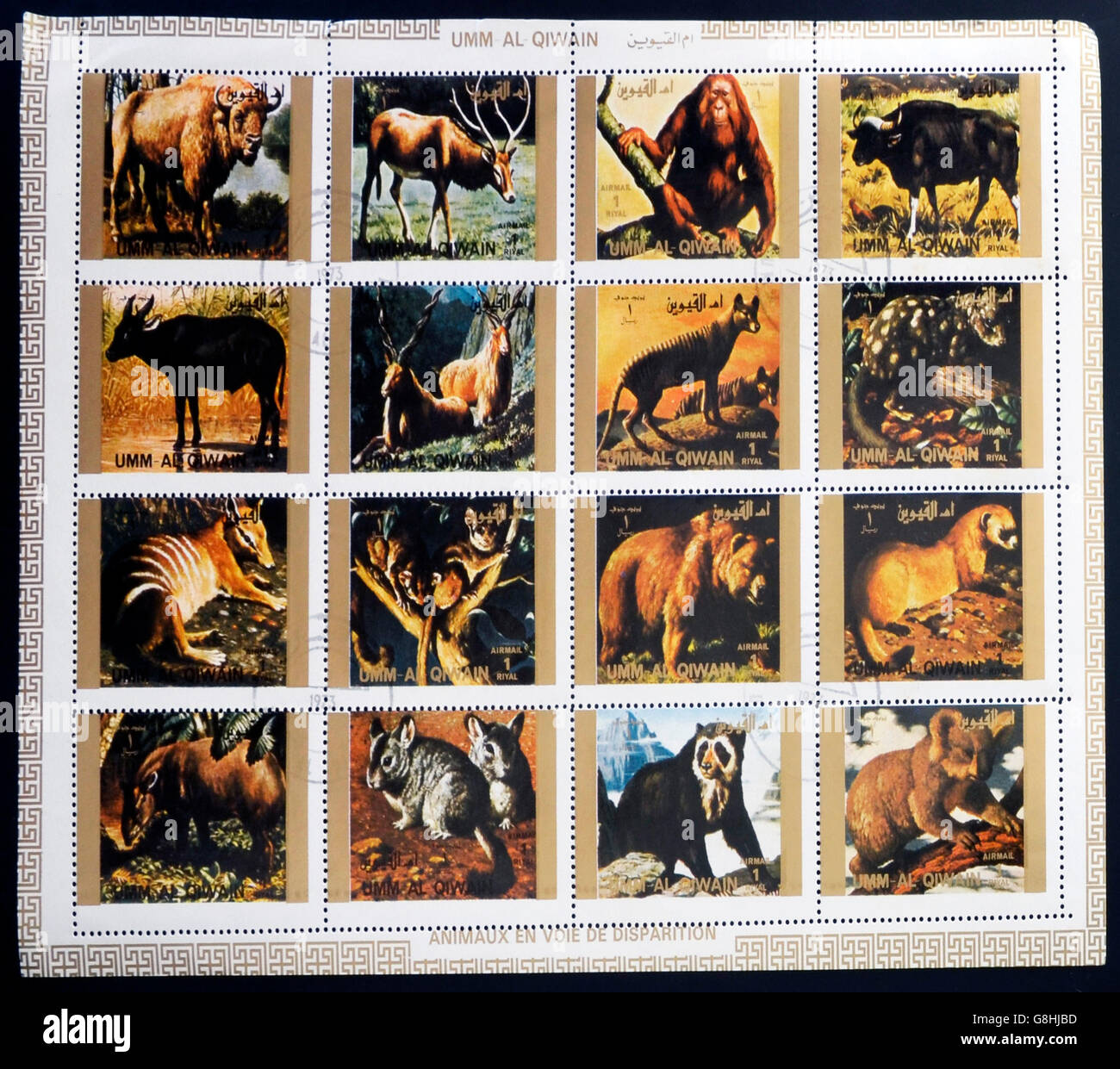 UMM AL QIWAIN - CIRCA 1973: Collection stamps printed in Umm al Qiwain shows animals dying out, circa 1973 Stock Photo