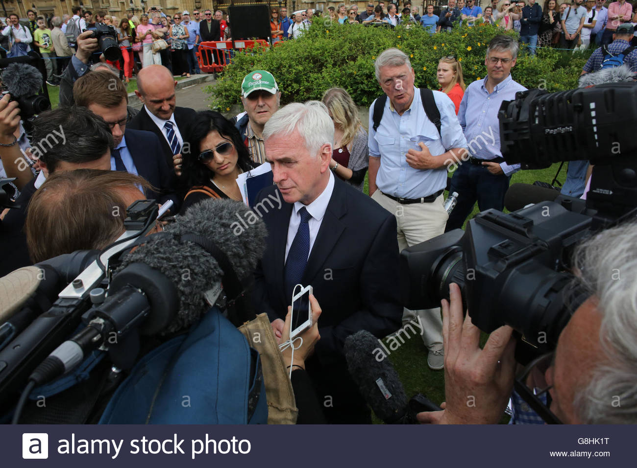 John McDonnell speaking to the world press at Westminster after the EU result discussing among other things Jeremy Corbyn. Stock Photo