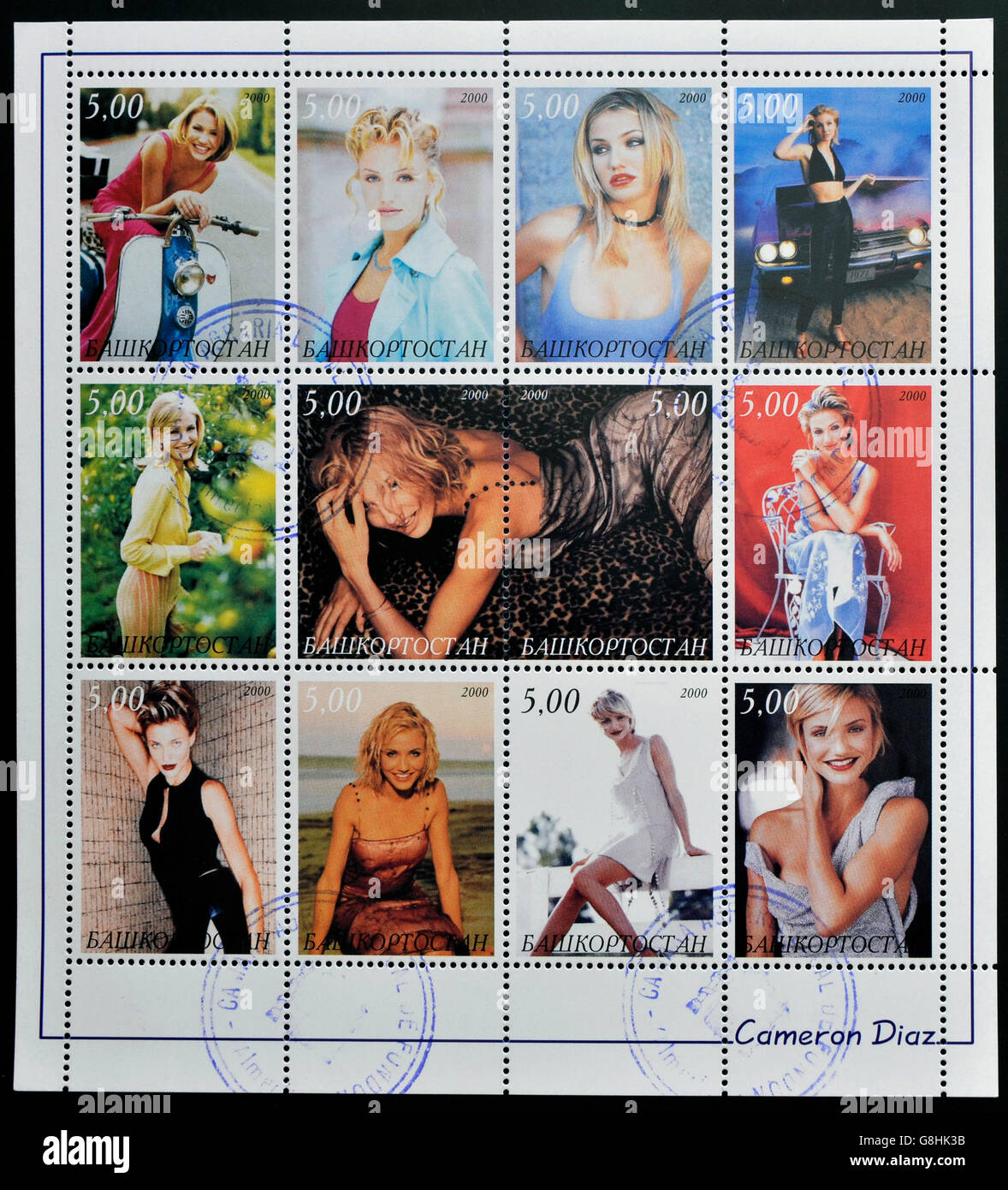 BASHKORTOSTAN- CIRCA 2000: A collection of  stamps printed in Bashkortostan Republic  showing pictures of Actress Cameron Diaz p Stock Photo