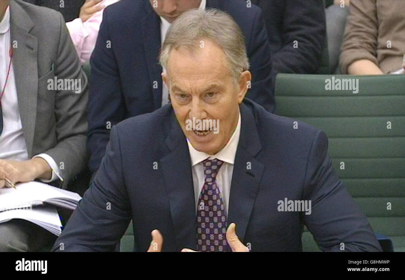 Former Prime Minister Tony Blair appearing in front of the Foreign