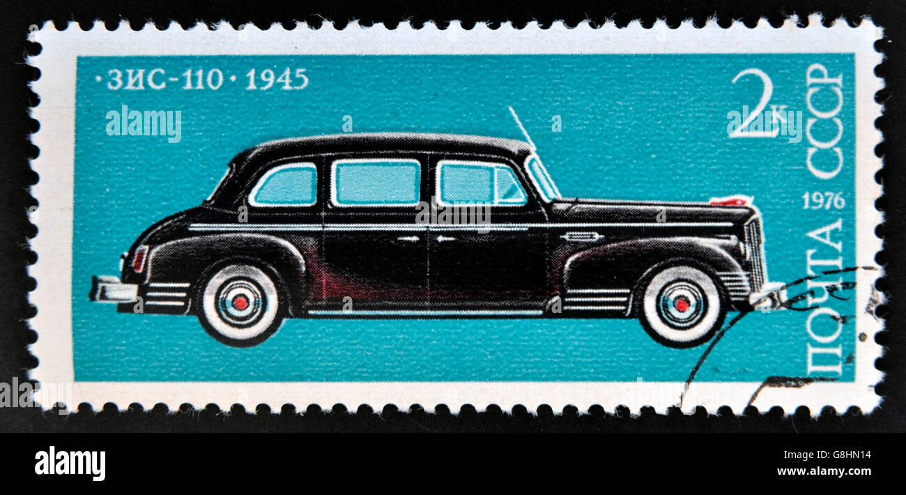 USSR- CIRCA 1976: A stamp printed in Russia shows ZIS 110 limousine car manufactured by ZIL, modeled after Packard Super Eight, Stock Photo