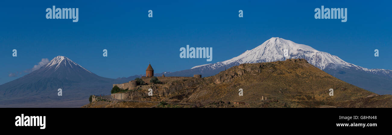 Khor Virap monastery in front of Ararat and Little Ararat mountains in Armenia Stock Photo