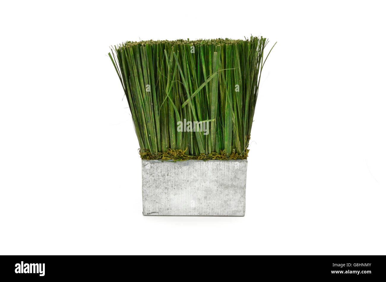 metal vase with artificial grass, decoration Stock Photo Alamy