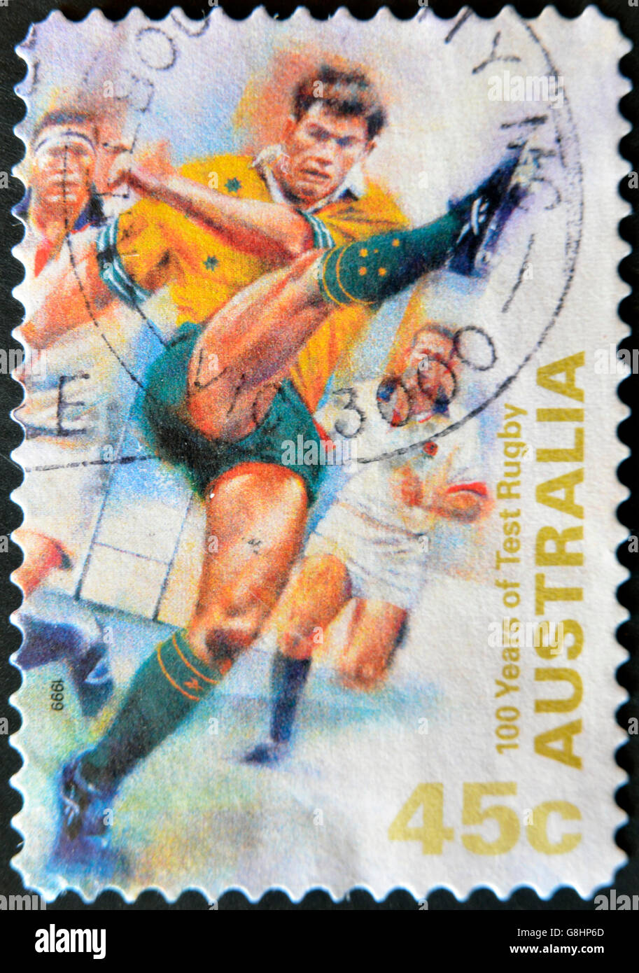 AUSTRALIA - CIRCA 1999: A stamp printed in Australia shows 100 years of Test rugby, circa 1999 Stock Photo