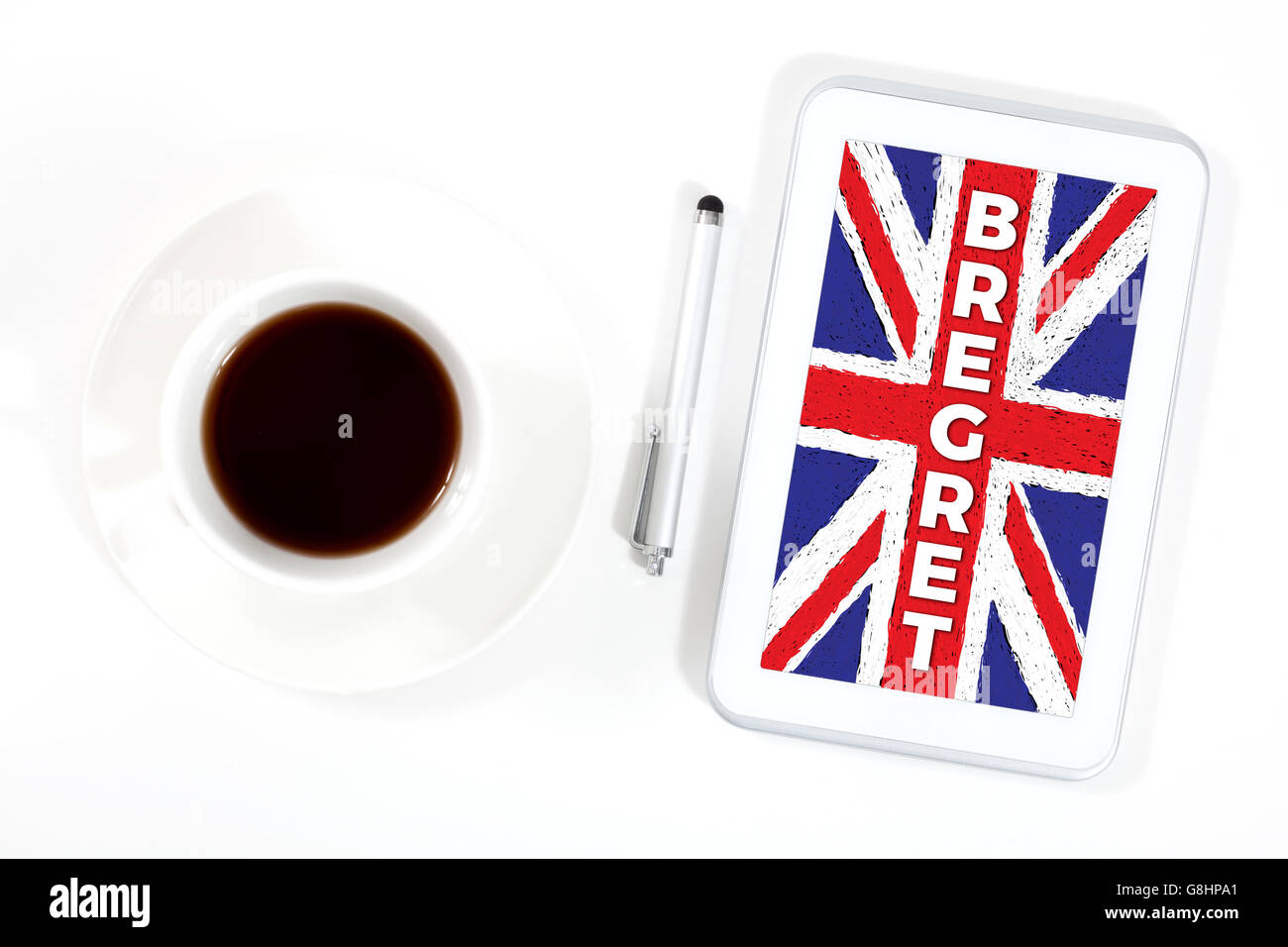 A computer tablet showing a message on the screen related to BREXIT Stock Photo