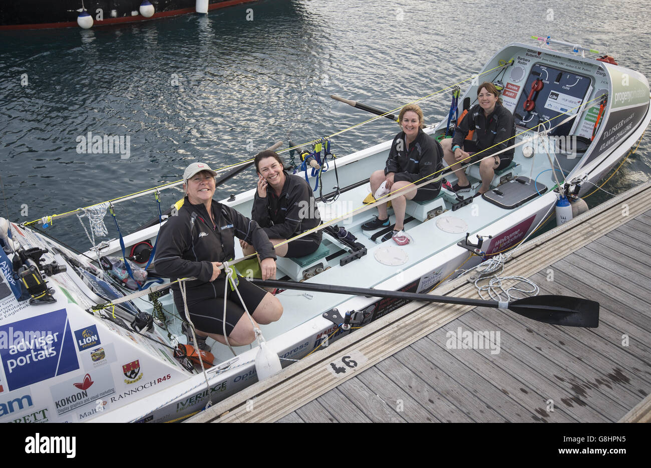 The Yorkshire Rows crew in their boat before the start of the Talisker Atlantic Challenge 2015 from La Gomera in the Canary Islands. Stock Photo