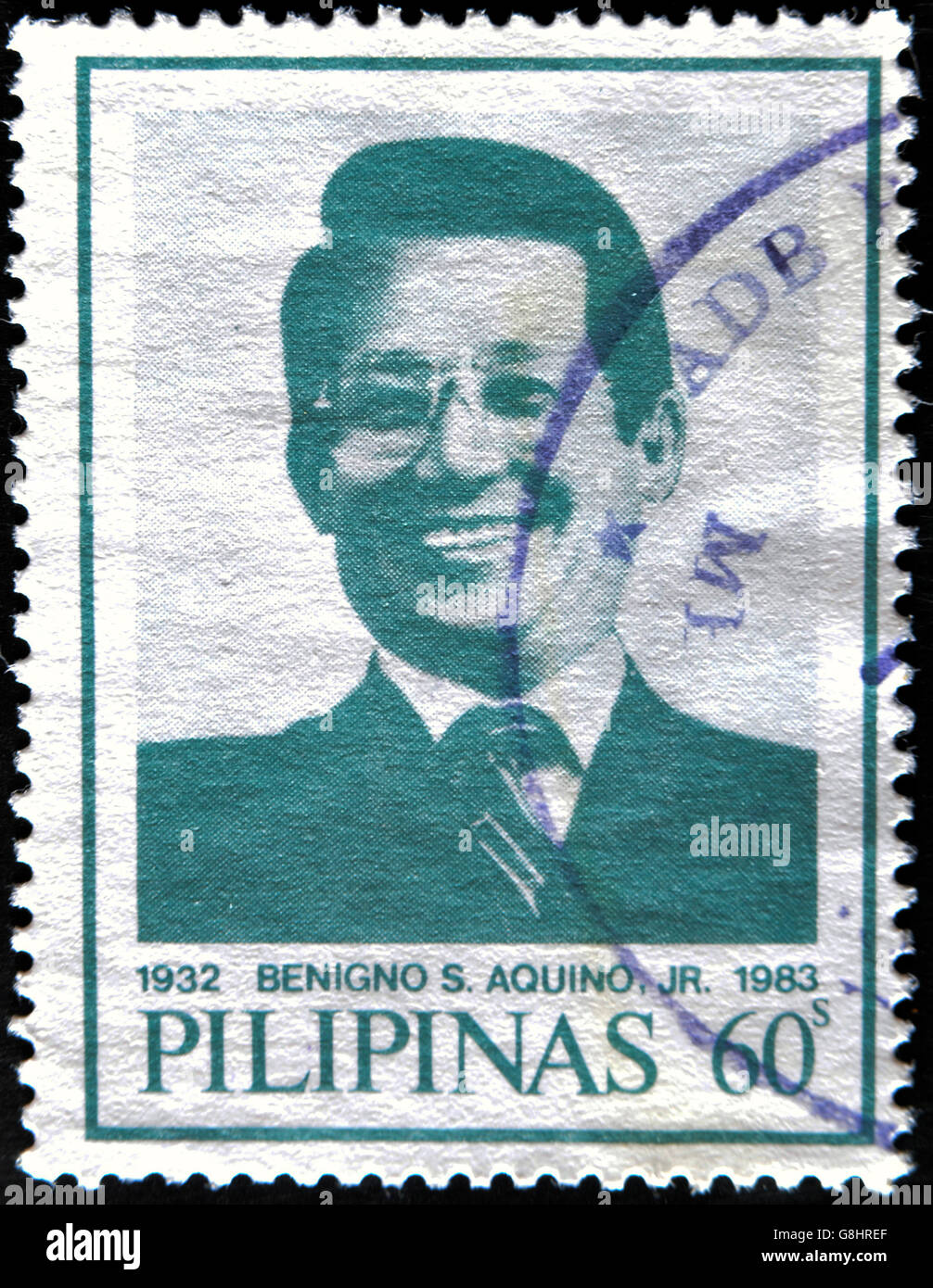 PHILIPPINES - CIRCA 1986: A stamp printed in Philippines shows Benigno Aquino, husband of Corazon Aquino, circa 1986 Stock Photo