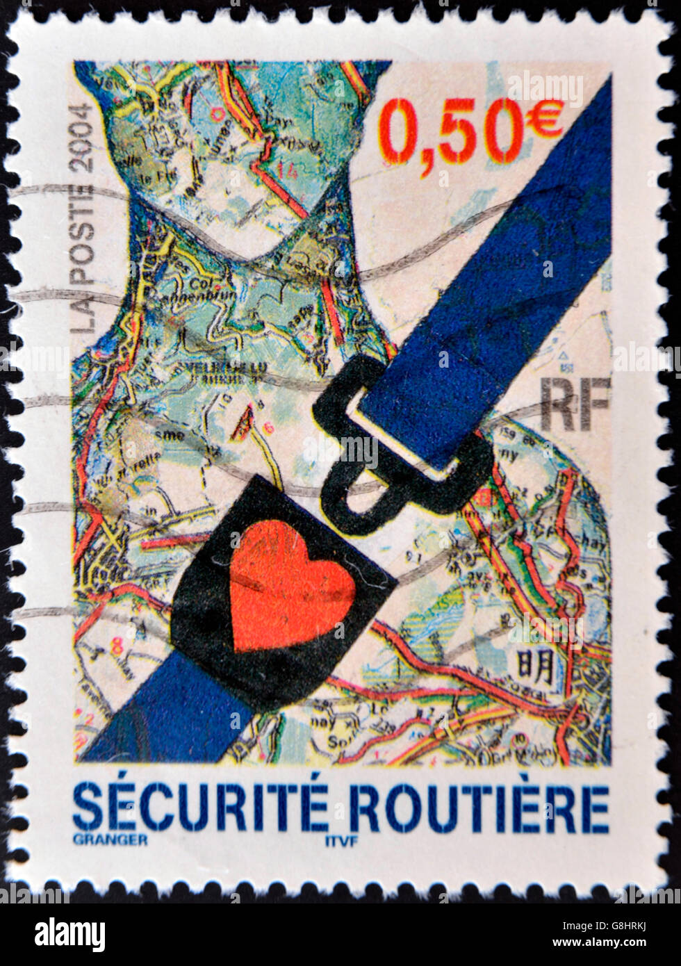 FRANCE - CIRCA 2004: A stamp printed in France dedicated to safety in the car, and shows a seat belt, circa 2004 Stock Photo