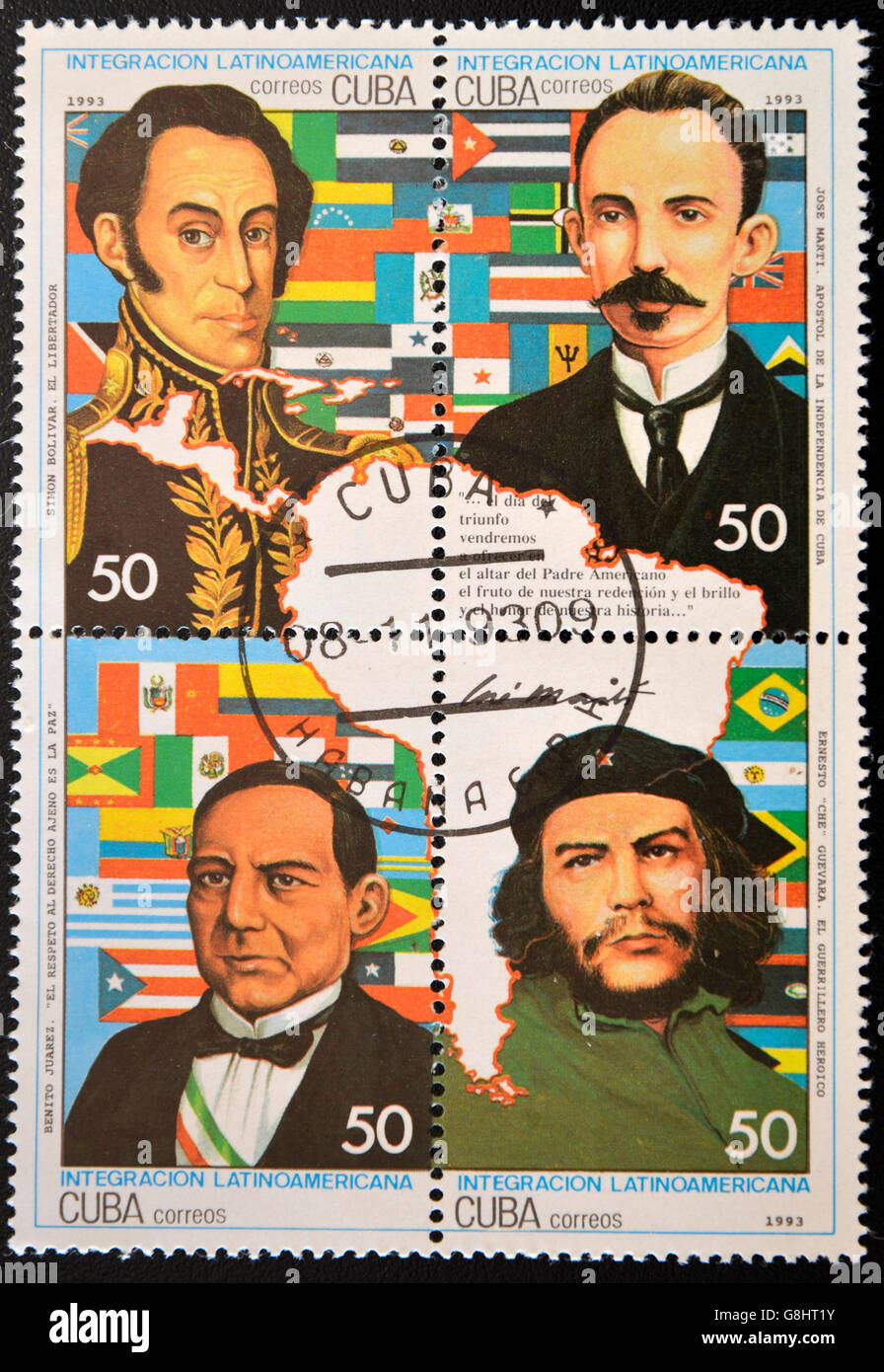 CUBA - CIRCA 1993: A stamp printed in Cuba shows historical figures of Latin American integration, circa 1993 Stock Photo