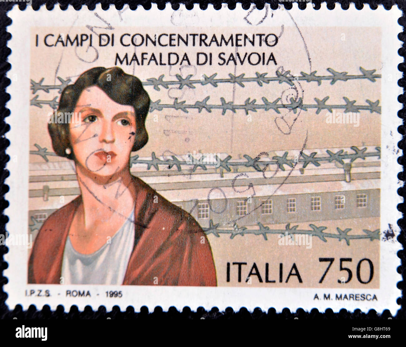 ITALY - CIRCA 1995: A stamp printed in Italy shows concentration camp Mafalda of Savoy, circa 1995 Stock Photo