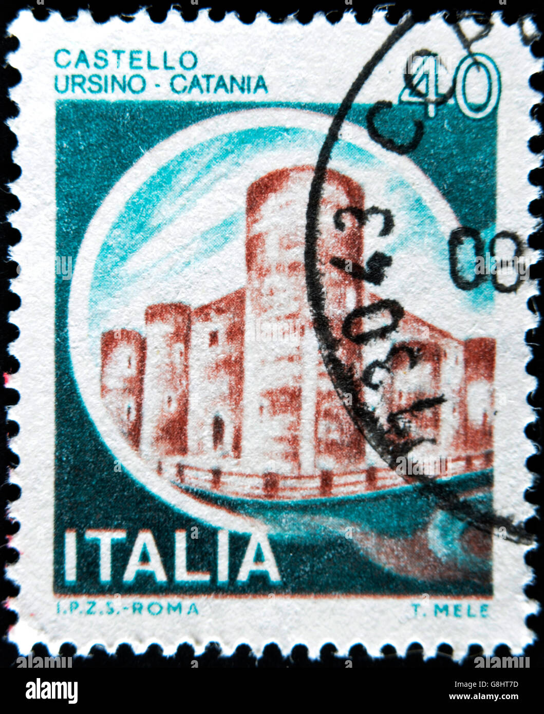 ITALY - CIRCA 1980: A stamp printed in Italy shows castle Ursino, Catania, italian series of castles, circa 1980 Stock Photo