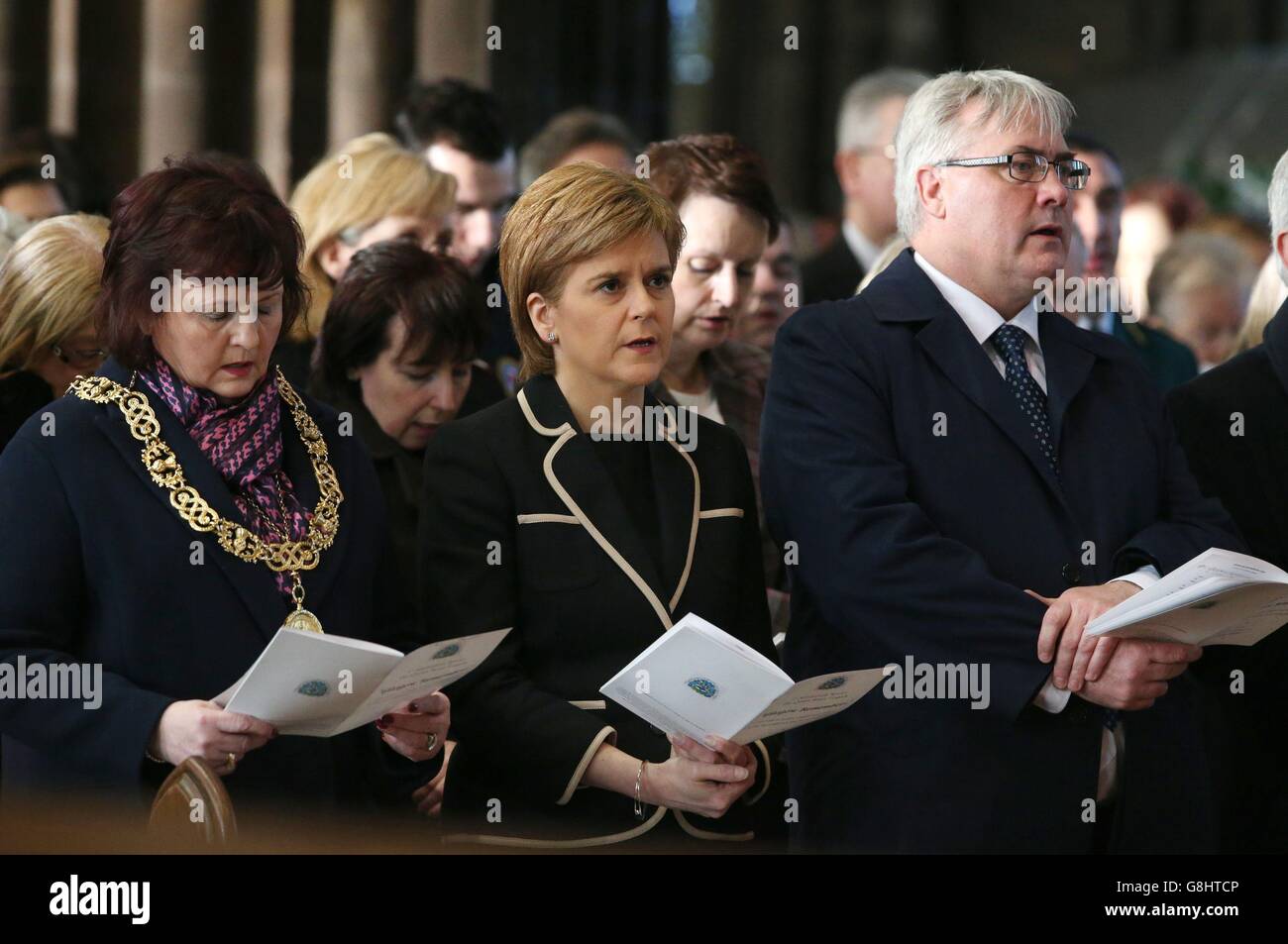 (Left to right) Glasgow Lord Provost Sadie Docherty, First Minister Nicola Sturgeon and Glasgow City Council leader Frank McAveety attend a special service to mark the anniversary of the Glasgow bin lorry crash at Glasgow Cathedral. Stock Photo
