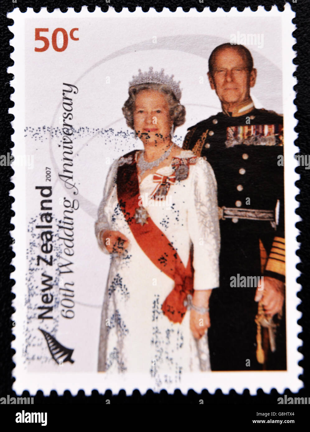 NEW ZEALAND - CIRCA 2007: A stamp printed in New Zealand commemorating the 60th wedding anniversary of Queen Elizabeth II, circa Stock Photo