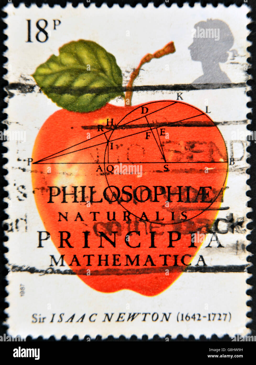 UNITED KINGDOM - CIRCA 1982: a stamp printed in the Great Britain shows Philosophiae Naturalis Principia Mathematica, Sir Isaac Stock Photo